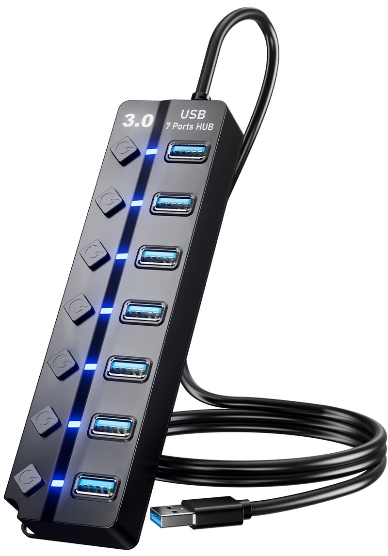 [Australia - AusPower] - USB 3.0 Hub, PANPEO 7-Port USB Data Hub Splitter with 3ft Long Cable USB Extension for Laptop,PC Computer,Surface Pro, PS4/5, Flash Drive, Mobile HDD - with LED Individual On/Off 