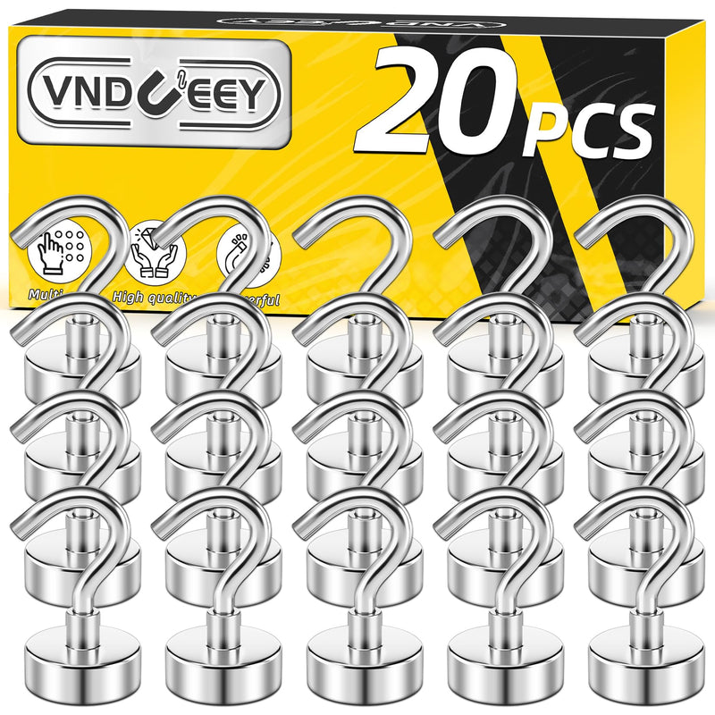 VNDUEEY 20 Pack Magnetic Hooks, 25Lbs Magnet Hooks Heavy Duty, Strong Magnetic Hooks Cruise, Fridge Magnets with Hooks for Hanging, Magnet Hook for Kitchen, Classroom, Garage, and Office Silver