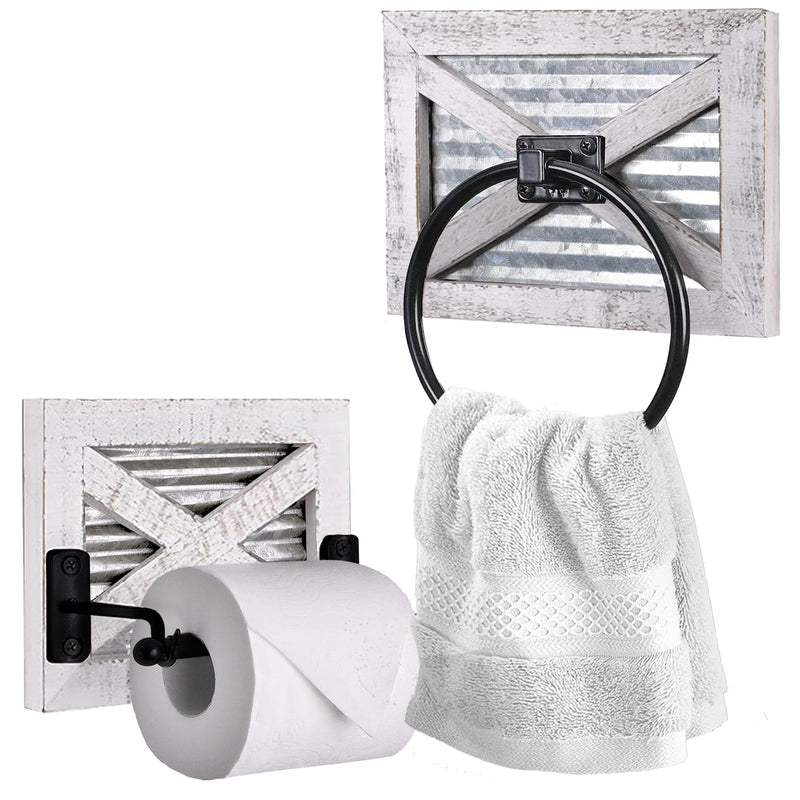 Autumn Alley Farmhouse Toilet Paper Holder and Towel Ring, Wall Mount, 2 Set - Farmhouse Wall Toilet Paper Holder and Bathroom Hand Towel Holder Decor, Wooden, Rustic White