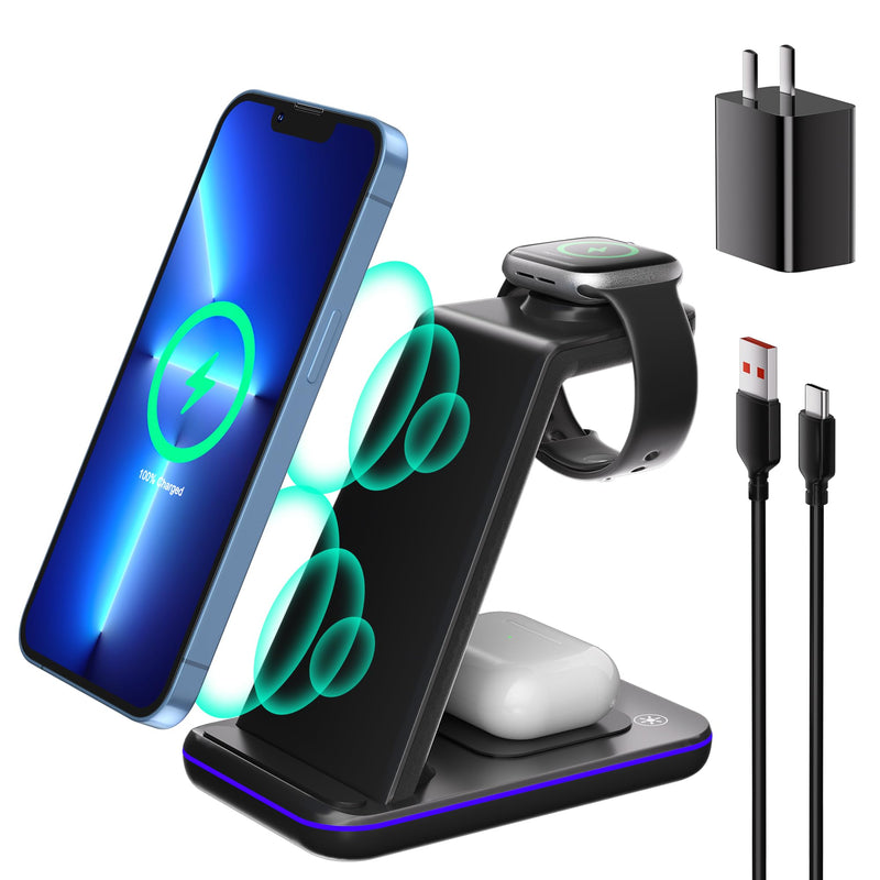 [Australia - AusPower] - Wireless Charging Station, 3 in 1 Fast Wireless Charger for iPhone 14/13/12/11/Pro/Max/SE/XS/XR/X/8 Plus/8, Wireless Charging Station/Stand Compatible for Apple Watch Series and AirPods Pro/3/2 