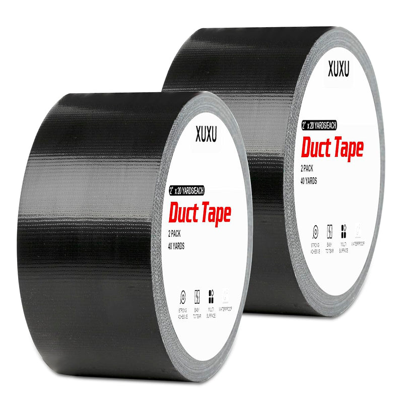 [Australia - AusPower] - XUXU 2 Pack Duct Tape Heavy Duty Waterproof Black Duct Tape, Strong Adhesive Duct Tape Bulk for Indoor Outdoor Repairs Tear by Hand, 40 Yards x 2 Inch Total 