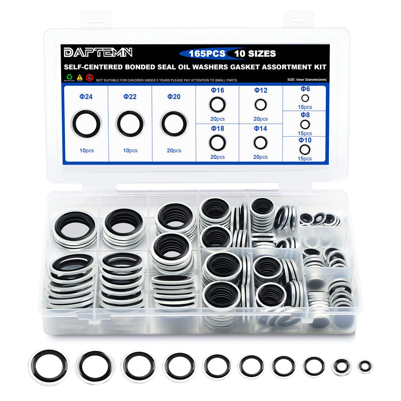 [Australia - AusPower] - 165PCS Bonded Sealing Washers, NBR Metric Zinc-Plated Steel Self-Centred Sealing Rubber Washers, Automotive Seal Gasket Crush O-Ring Assortment Kit Set M6 to M24 165PCS Black Seal Washers 