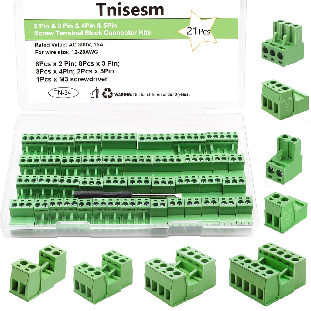 Tnisesm 21Pcs Screw Terminal Block Connector Kit 5.08mm Pitch Pluggable (2Pin 3Pin 4Pin 5Pin) 300V 15A for 28-12AWG Cable