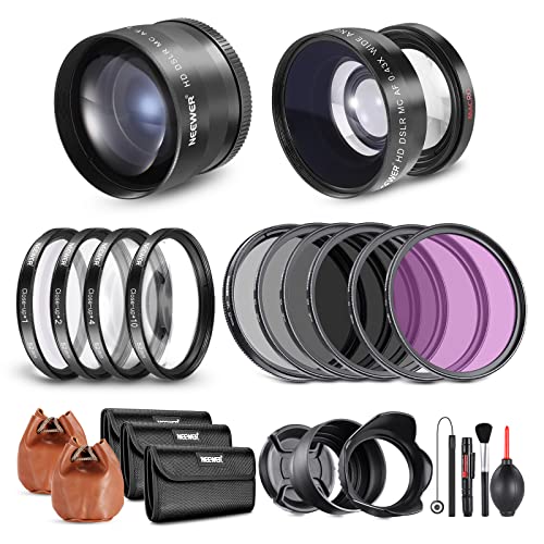 Neewer 52mm Lens and Filter Set: Wide Angle/2.2X Telephoto Additional Lens for 18mm-85mm APS-C Lens, (+1+2+4+10) Close Up Macro/ND/UV/CPL/FLD Filters for Camera Lens with ⌀52mm Thread