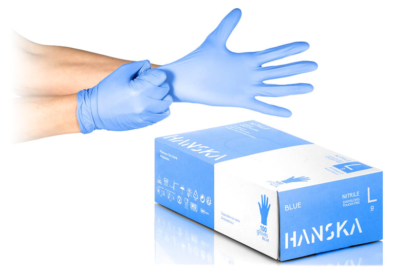 HANSKA Disposable Nitrile Gloves, Blue, Powder-Free, Insert and Bet, Ambidextrous, Non-Sterile, Rubber Base, Suitable for Medical, Food Handling (100, L) 100 cm