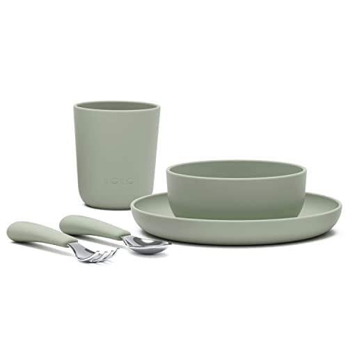 Lalo Big Bites Starter Kit with five silicone kids' plates in sage color, featuring colorful designs for children's mealtime.