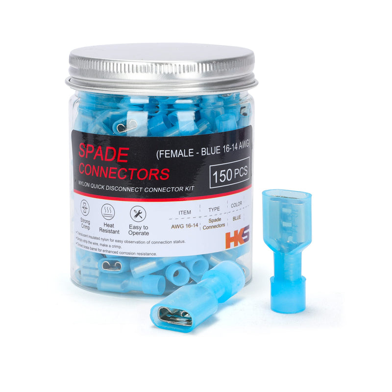 [Australia - AusPower] - HKS 150PCS Nylon Female Spade Quick Disconnect Connector - Blue 16-14 AWG Electrical Wire Connectors Kit - Tinned Copper - Cold-Pressed Wire terminal Automotive Crimp Insulated 