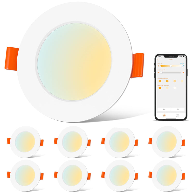 ChangM LED Recessed Spotlight 230 V Alexa Smart LED Spot Dimmable with App Bluetooth Ceiling Spotlights Flat 8 W IP44 3 Inch Ceiling Light Warm White to Cool White 2700 K - 6000 K Recessed Lights Set of 8 8w Ø68-85mm-8 Pack