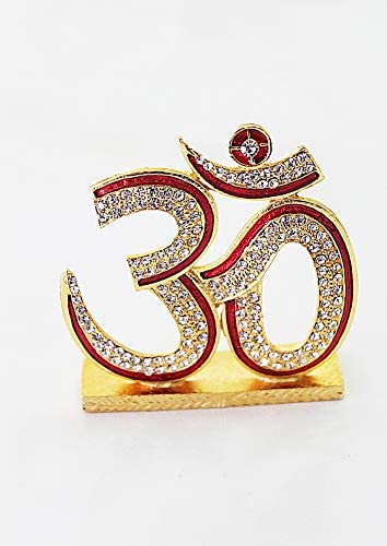 Golden Golden OM Red Line Studded Hinduism Idol Religious Symbol Statue Showpiece for Car Dashboard - Large Size