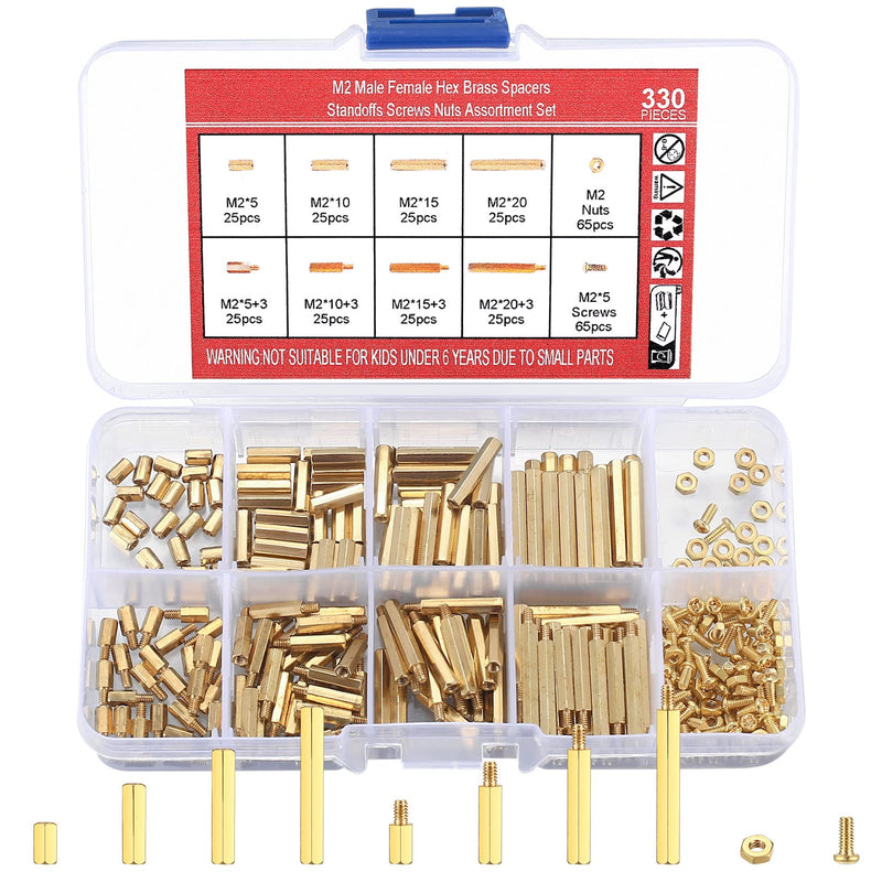 [Australia - AusPower] - 330 Pcs M2 Male Female Brass Hex Spacer Standoffs Screws Nuts, Brass Spacer Hex Column Screw Nut Assortment Kit, Threaded Pillar Standoffs Screws for PCB Circuit Board Motherboard Standoffs Spacer 