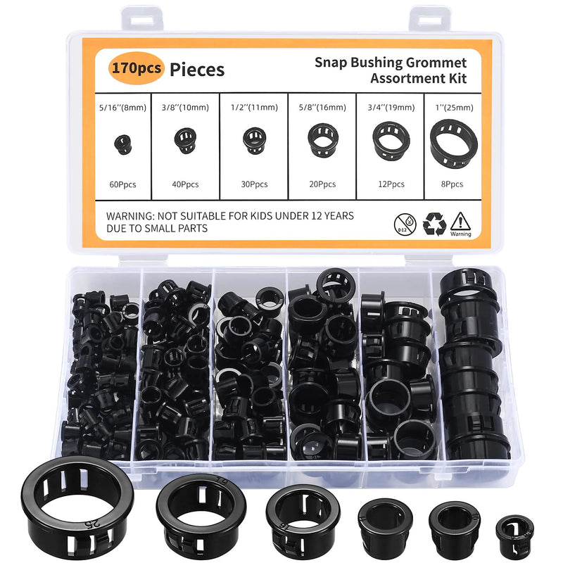 [Australia - AusPower] - 170 Pcs Cable Snap Bushing Grommets, Black Round Nylon Snap in Cable Grommet Protector, 5/16" 3/8" 1/2" 5/8" 3/4" 1" Cable Snap Hole Plugs Locking Bushing Assortment Kit 