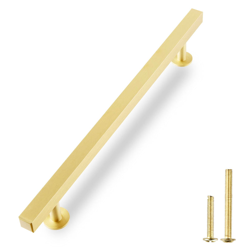 QOGRISUN 2-Pack Solid Brass Cabinet Pulls 8-3/4 Inch Hole Center, Heavy Duty Brushed Brass Cabinet Hardware, Modern Square Drawer Handles for Kitchen Dresser, Anti-Tarnish, 11 Inch Overall Length 8-3/4-Inch Hole Centers