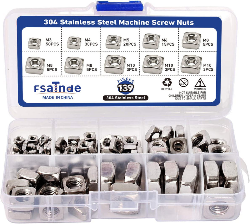 [Australia - AusPower] - 304 Stainless Steel Machine Square Screw Nuts 304 Square Nuts Metric Assortment Kit Nut 139Pcs 