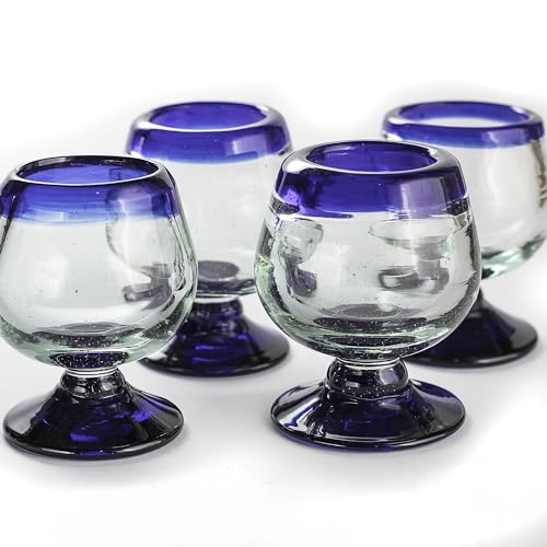 Authentic Mexican Tequila Hand Blown Shot Glasses - Set of 4-2 oz - Mini Glass Snifters - Heavy Base - Cognac (Cobalt Blue Rim) Cobalt Blue Rim