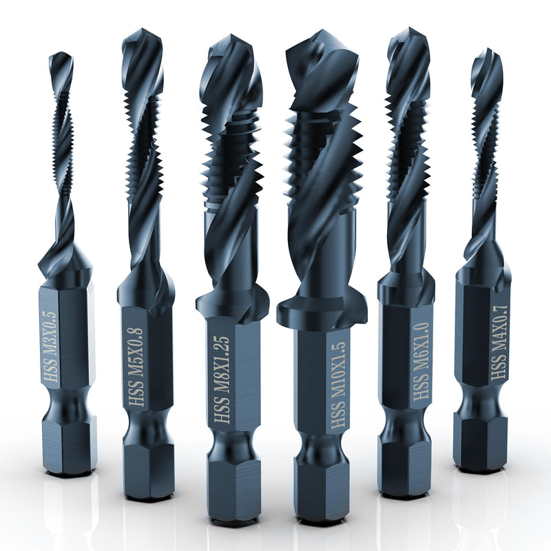 [Australia - AusPower] - THINKWORK Combination Drill Tap & Tap Bit Set, 6 Pack 3-in-1 Anti-Rust Black Titanium Coated Screw Tapping Bit Tool in Metric Size M3 M4 M5 M6 M8 M10, 1/4 Hex Shank and Storage Case Tap Bit Set Metric Size 