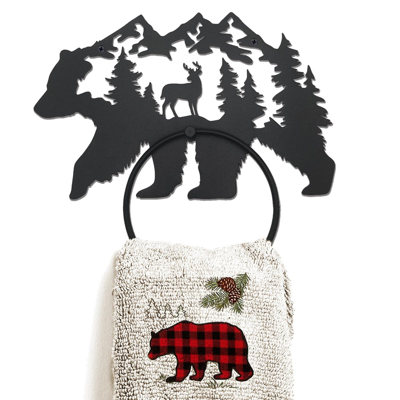 Black Bear Bathroom Decor Towel Holder for Bathroom Wall, Matte Black Log Cabin Towel Hook Rustic Bathroom Towel Rack Wall Mount, Round Towel Ring for Woodland Bathroom