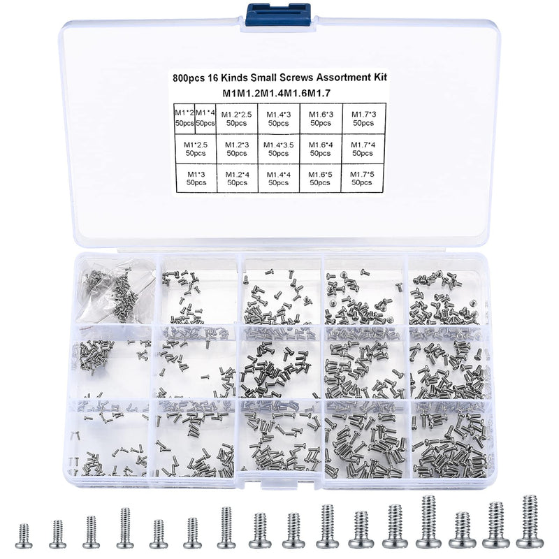 [Australia - AusPower] - 800Pcs Tiny Screws for Electronics, Micro Small Mini Phillips Pan Head Machine Screws Assortment Kit for Eyeglasses, Watches, Clocks, Mobile Phone, M1/M1.2/M1.4/M1.6/M1.7 (800) 800 