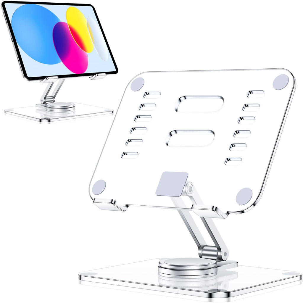 [Australia - AusPower] - CreaDream Acrylic Tablet Stand Holder with 360 Rotating Base, Foldable Adjustable Transparent Tablet Holder for Desk Home Office, Compatible with iPad Pro Air Mini and More, Clear 