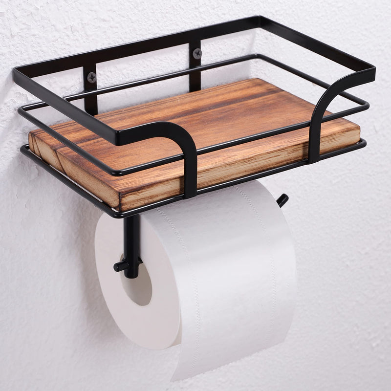 Rustic Farmhouse Toilet Paper Holder with Shelf - Farmhouse Bathroom Rustic Country Decor - Rustic Bathroom Accessories with Warm Brown Wood Shelf for Wipes&Cell Phone&Reading, Black Metal Dark Brown