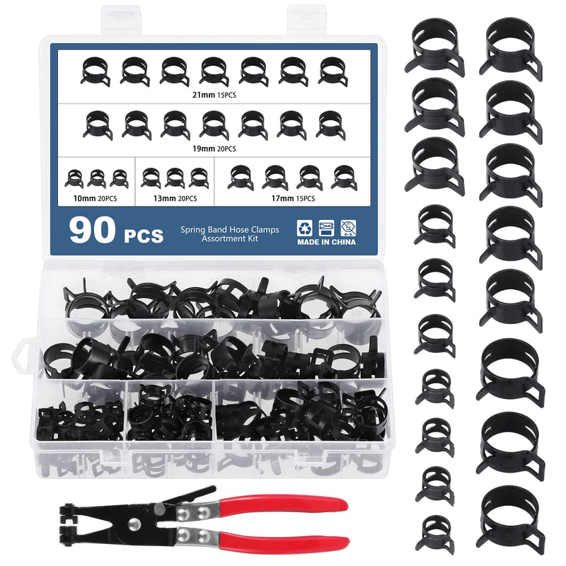 OCR 90PCS 10-21mm Fuel Line Hose Clips, Spring Band Hose Clamp, Low Pressure Air Clamp, Water Pipe Air Tube Silicone Vacuum Hose Clamp Fastener, With a Hose Clamp Pliers 90PCS--5 Sizes--Black