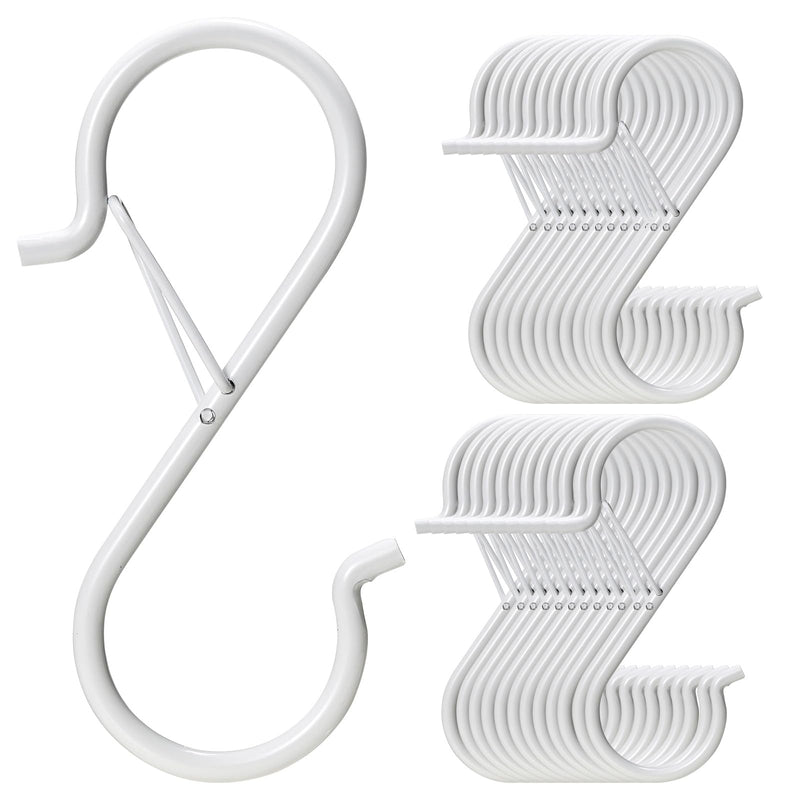 [Australia - AusPower] - 24 PCS S Hooks for Hanging with Safety Buckle, 3.5 inch Heavy Duty Metal S Shaped Hooks Stainless Steel for Hanging Kitchen Utensil, Cups, Pots, Plants, Bags, Hats (White) 24 Pcs White 