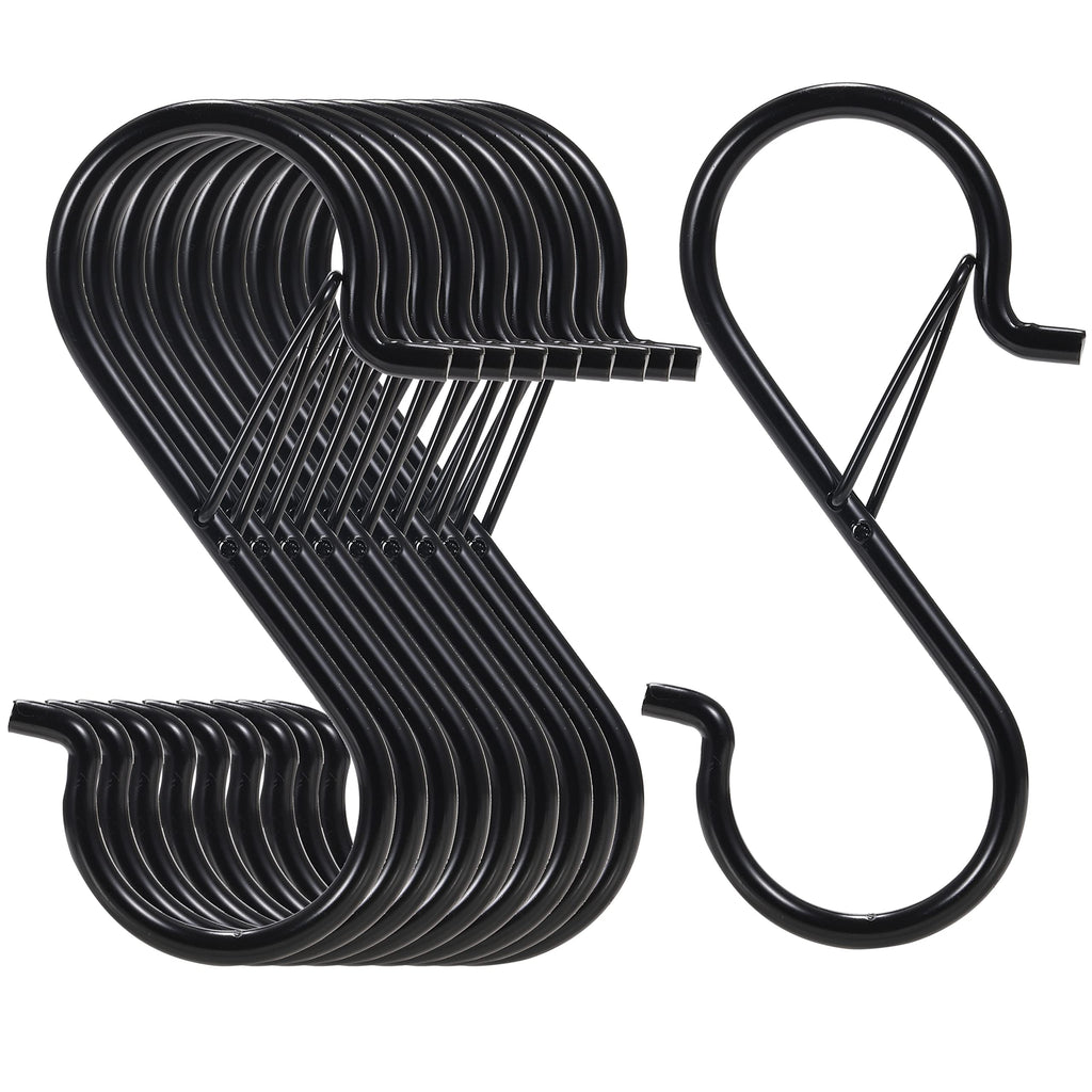 [Australia - AusPower] - 10 Pack S Hooks for Hanging, S Hanger Hook for Kitchen Utensil, Cups, S Shaped Hooks with Safety Buckle for Hanging Flowerpots, Plants, Heavy Duty Metal S Hook Hang for Closet Rod, Bags, Hats (Black) Black 10 Pcs 
