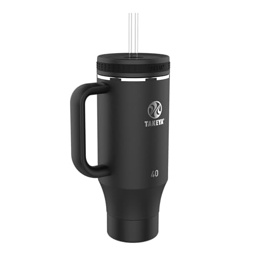 Takeya Stainless Steel Tumbler with Handle and Straw (40 oz, Onyx) - Insulated Water Bottle with Straw for Water & Iced Beverages 40 Ounces