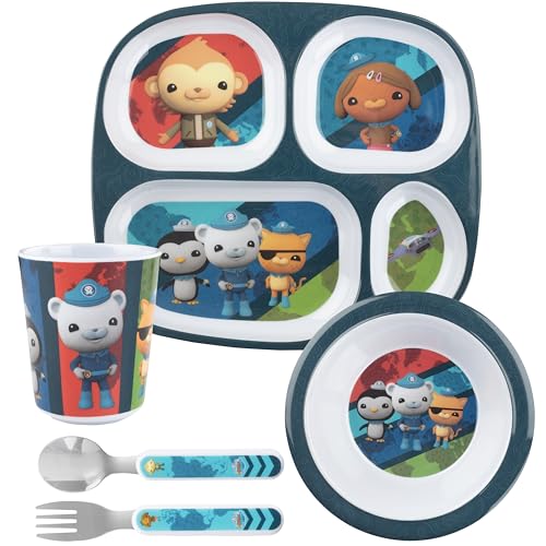 Octonauts 5-piece kids dinnerware set with blue explorer divided plate and bowl, featuring colorful ocean-themed designs.