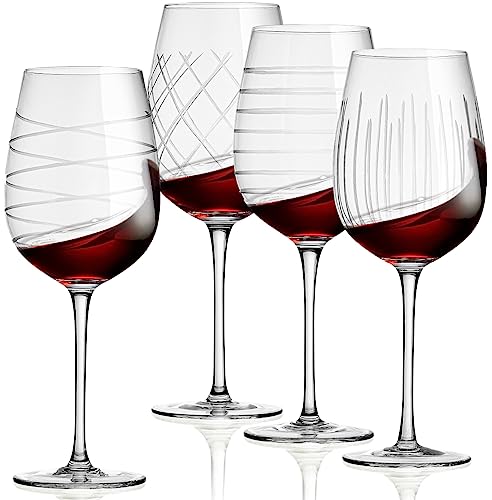 Cordial Glasses Set of 4-16oz. Clear Etched Red and White Unique Long Stem Wine Glass Cups for Alcohol Party, Wedding, Home 16oz