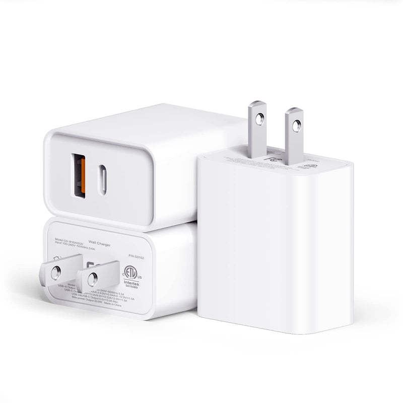 [Australia - AusPower] - USB C Wall Charger Block, 3 Pack 20W Dual Port Fast Charger, QC+PD 3.0 Plug Adapter Compatible with iPhone 14 13 12 11 Pro Max XR XS X 8 Samsung Galaxy and More 3-pack 