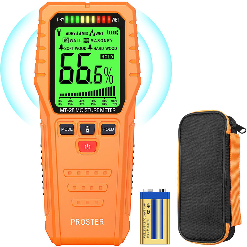 [Australia - AusPower] - Proster Pinless Wood Moisture Meter, Non-Destructive Moisture Detector Moisture Tester Detect up to 3/4 Inch Below Surface, Visual/Audible Alarm, with Storage Case Orange 