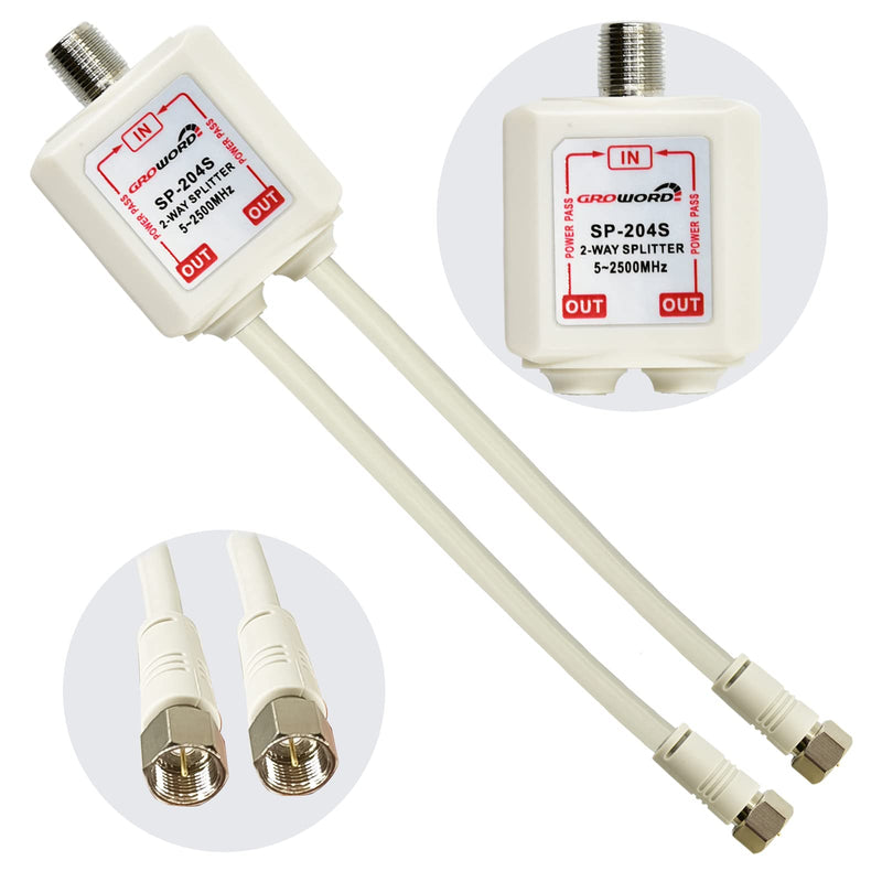 [Australia - AusPower] - GROWORD 2-Way coaxial Cable Splitter, 5-2500MHz CATV Splitter with 6” RG6 Coaxial Cable and 2 Coax Connectors, for Pass Power to LNB, Improve TV Satellite Antenna Signal Quality, Corrosion Resistant 6 inch 