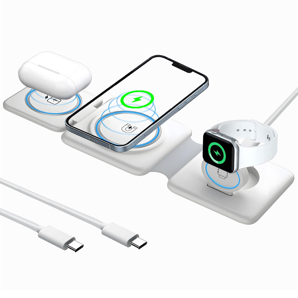[Australia - AusPower] - Fordable Wireless Charger, 3 in 1 Magnetic Charger, Mag-Safe Travel Wireless Charging Station, Compatible for iPhone, Samsung Galaxy(not Include Samsung Watch), iWatch, AirPod(White) White 