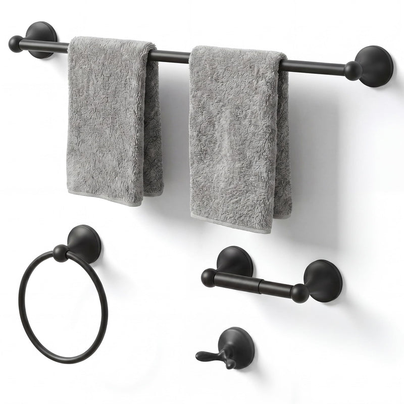 24-Inch Wall Mounted Towel Racks for Bathroom – Space Saver 4-Piece Durable Stainless Steel Bathroom Hardware Set with Towel Bar, Towel Ring, Toilet Paper Holder & Hook, Matte Black Cone