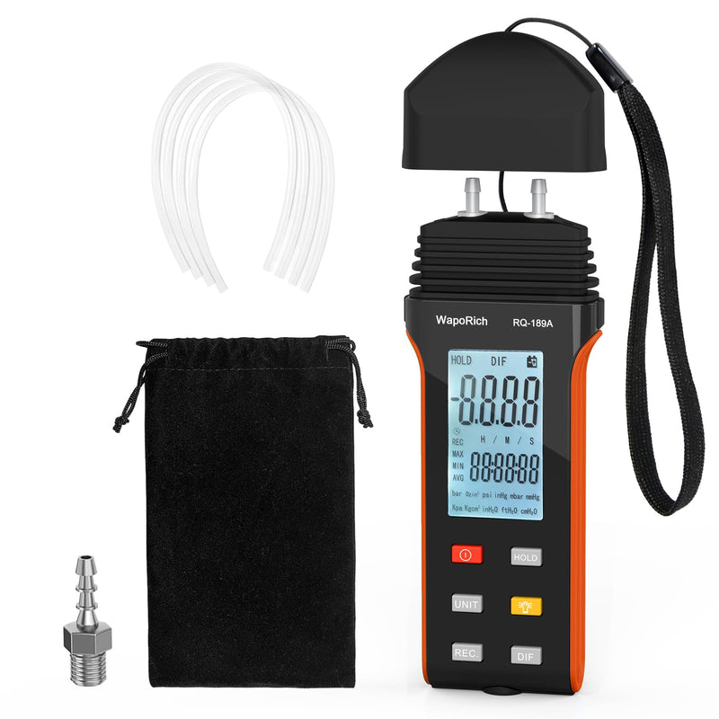 [Australia - AusPower] - Upgraded Manometer ±13.79Kpa/6Psi ±0.3% FS Accuracy HVAC Gas Pressure Tester Dual-Port Digital Manometer 11 Units Manometer Gas Pressure Tester with Backlight Data Record RQ-189A RQ-189A(Limit maximum pressure:6Psi) 