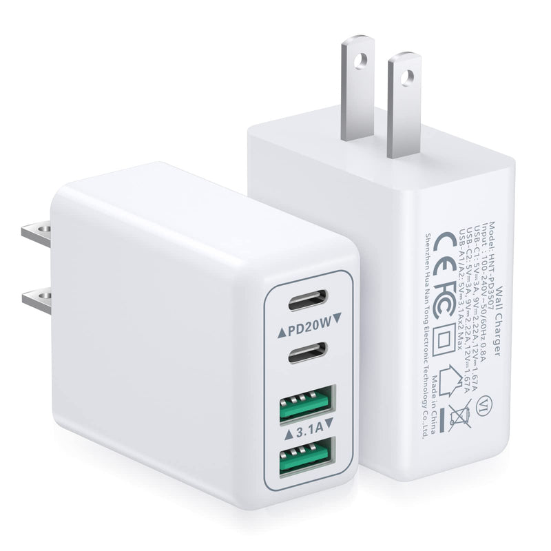 [Australia - AusPower] - USB C Wall Charger[2 Pack], Costyle 40W 4 Port Fast Charging Block Double USB C Charger Dual Port QC & PD 3.0 Charger Block Multiport Type C Wall Plug for iPhone 14 13 12 11 Pro XR Pad, Tablet-White White White 