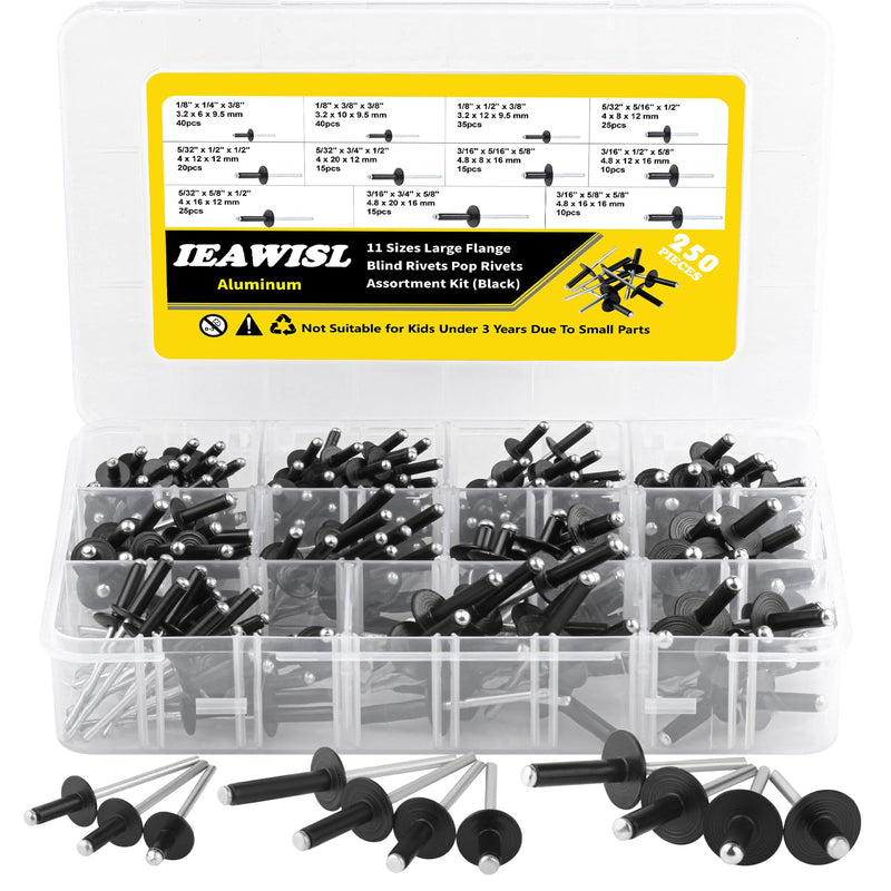 [Australia - AusPower] - Rivets, 250PCS Aluminum Large Flange Blind Rivets, 11 Sizes Pop Rivets Assortment Kit Flange Diameter - 3/8" 1/2" 5/8" Baking Finish Rivets for Airplanes, Ships, Rails and DIY(Black) 250 Pieces Black 