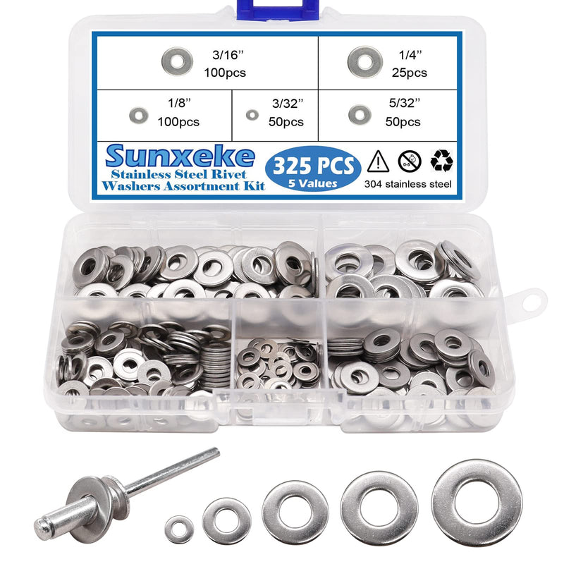 [Australia - AusPower] - 325pcs Stainless Steel Washers for Blind Pop Rivets Assortment Kit, Backup Rivet Washers Diameter 3/32 inch 1/8inch 5/32inch 3/16inch 1/4inch 