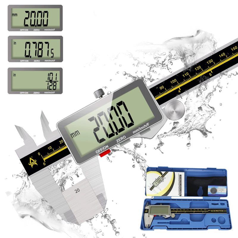 [Australia - AusPower] - Digital Caliper,ACEMETER 0-6" Vernier Calipers Measuring Tool-Electronic Micrometer with Large LCD Screen,Metal Metric Measure Caliper for Engineer Carpenter,Auto-Off Feature,Inch/Fraction/Millimeter Stainless Steel 6 inch/150mm 