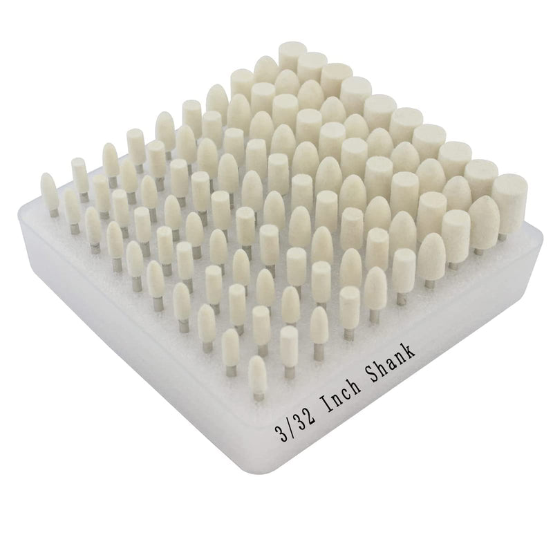 Luo ke 100 Pcs Felt Polishing Bits - 3/32'' Shank Compressed Wool Felt Polishing Kits Buffing Tips for Jewelry, Metal, Aluminum for Rotary Tools