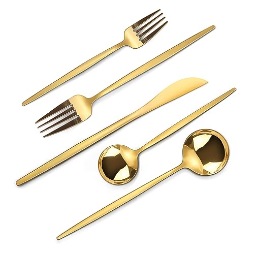 Mirror Gold Silverware Set, 20-Piece Flatware Cutlery Sets Service for 4, Mirror Polished Tableware Set, Utensils for Kitchens, Home and Restaurant, Dishwasher Safe Gold Mirror