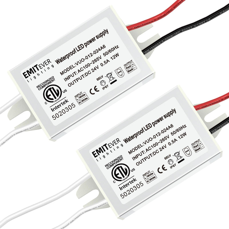 EMITEVER 24Volt LED Power Supply Driver 12W 2-Pack, ETL Listed Waterproof IP67 Low Voltage Transformer, 120V AC to 24V DC Converter for LED Strip, Spotlight Cabinet Tape Lights and Outdoor Lighting… 12W Power 2Pack