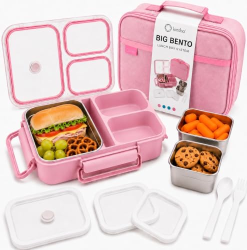 kinsho BIG Bento Lunch Box & Bag, Stainless Steel - Adults Teens Kids Pink