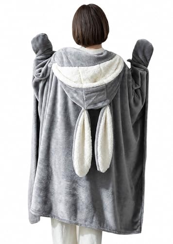 Soft Big Bunny ears Wearable Blanket, Blanket Wrap with buttons Comfy Hoodie Hooded cape Throw for women Gray