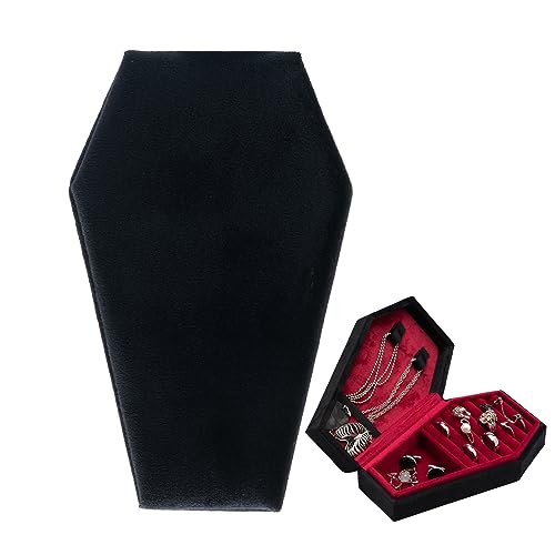 Velvet Coffin Jewelry Travel Case Holder for Gothic Wedding Ceremony Jewelry Organizer Decoration (Black and Red) Black and Red