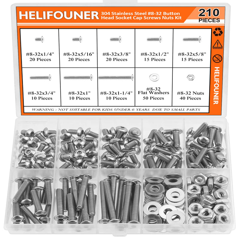 [Australia - AusPower] - 210 Pieces #8-32 x 1/4" 5/16" 3/8" 1/2" 5/8" 3/4" 1" 1-1/4", Button Head Socket Cap Screws Bolts Washers Nuts Kit, Coarse Thread, Fully Machine Threaded, 304 Stainless Steel 