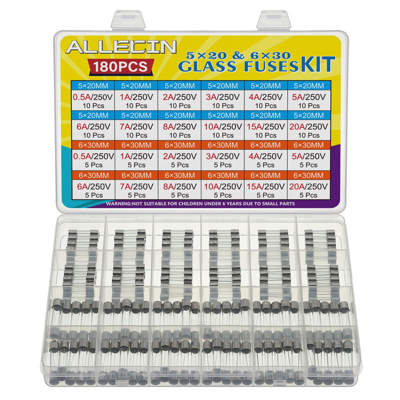 [Australia - AusPower] - 24 Values 250V Fast Blow Glass Fuses Assortment Kit 0.5A 1A 2A 3A 4A 5A 6A 7A 8A 10A 15A 20A 5X20MM 6X30MM 0.5 1 2 3 4 5 6 7 8 10 15 20 Amp 250 Volt Quick Tube Fuse Set 