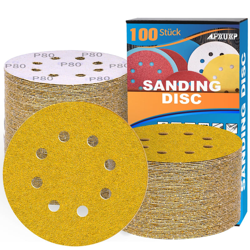 Sanding Discs 125 mm Random Orbital Sandpaper Sandpaper 8 Holes Round Sanding Sheets (with Grain P60 P80 P120 P180 P240 x20) Professional for Wood Metal Rust Removal and Color Pack of 100 High-quality alumina Mixed (P60-P240) pack of 100