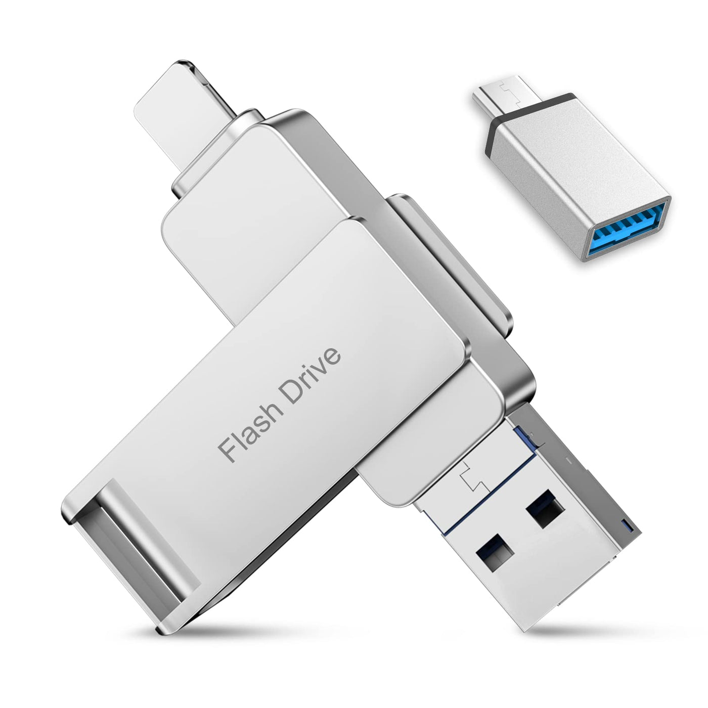 Photo Stick, 4 in 1 Flash Drive for iPhone 512GB, Memory Stick for iPhone  with 360° Rotation USB Thumb Drive External Storage Password/Touch ID  Protected Compatible with Phone,iPad, Android, PC Silver 512GB-SL |