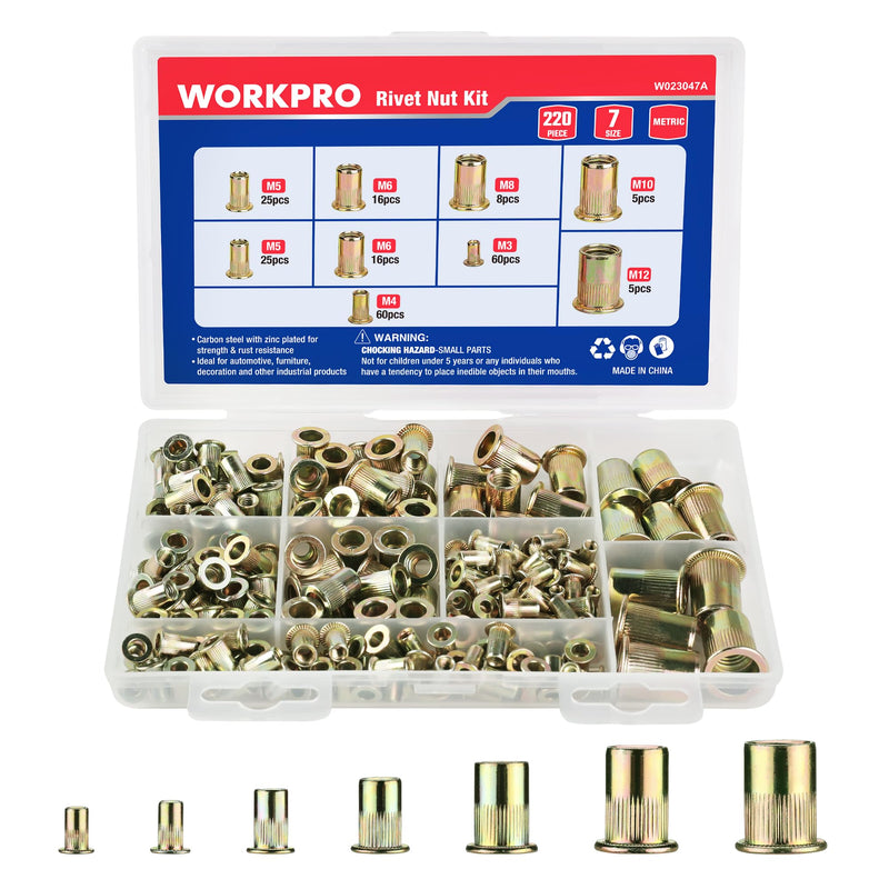 [Australia - AusPower] - WORKPRO 220Pcs Metric Rivet Nuts, Zinc Plated Carbon Steel Flat Head Threaded Insert Nut with Knurled Body, Include Storage Case, 7 Sizes Rivnuts Assortment Kit-M3, M4, M5, M6, M8, M10, M12 Metric- 7 size 220pc Carbon Steel 